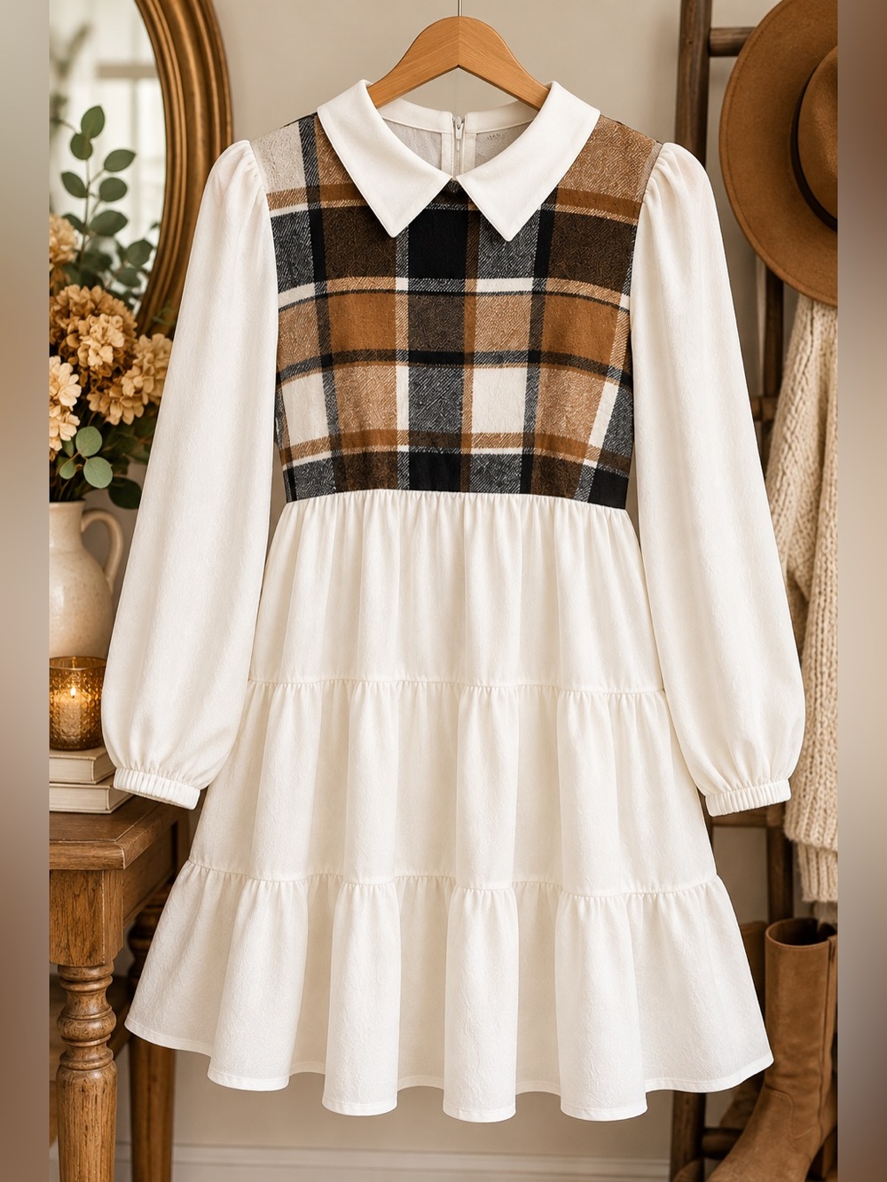 Plaid Peter Pan Collar Tiered Dress Long Sleeve Brown White Size L